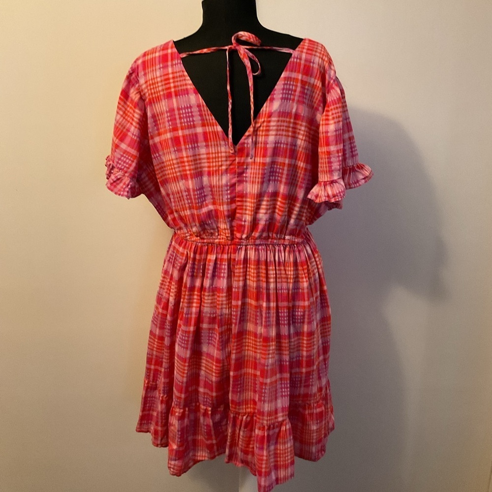 Terra & Sky Pink Plaid Ruffle Dress V-Neck Short Sleeve Plus Size 1X - Picture 9 of 11
